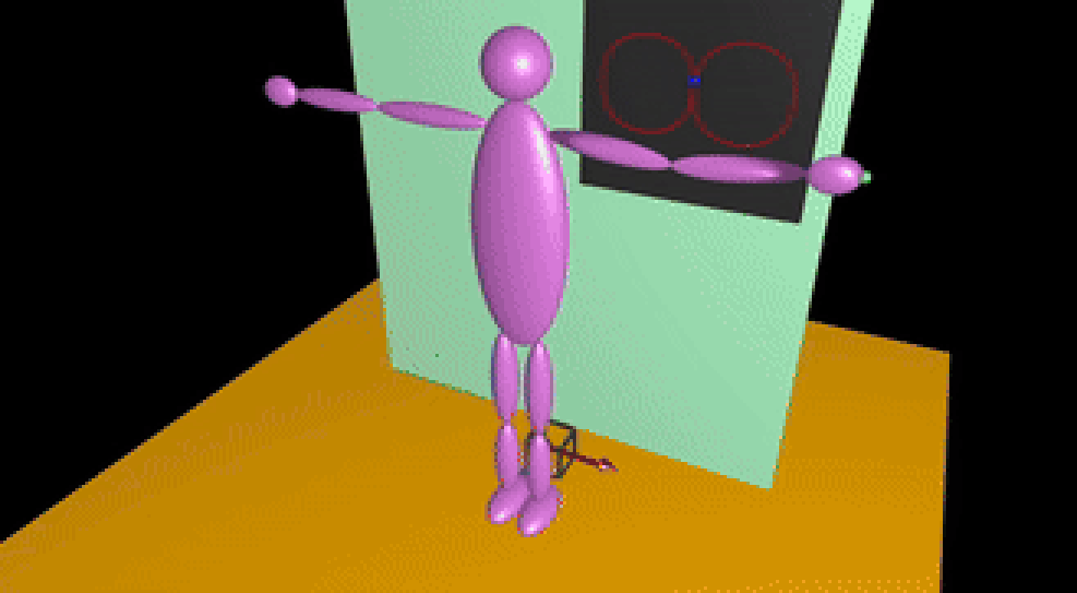 Articulated human model tracing a path on blackboard